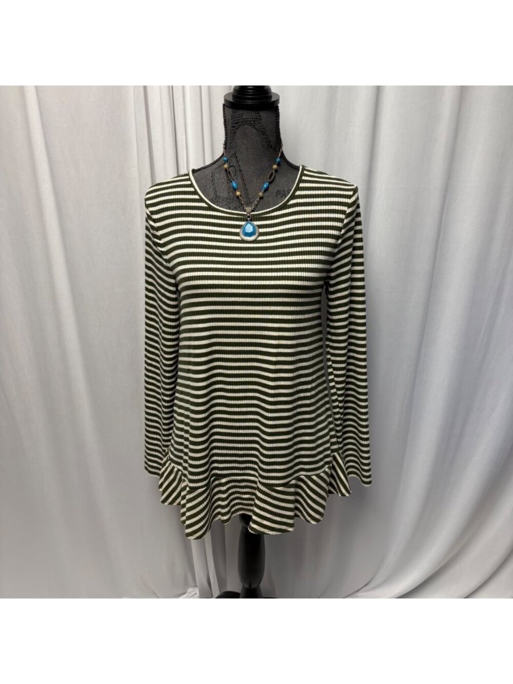 Lime n Chili Top Womens Small Striped Green White Ruffle Lace Back Lightweight